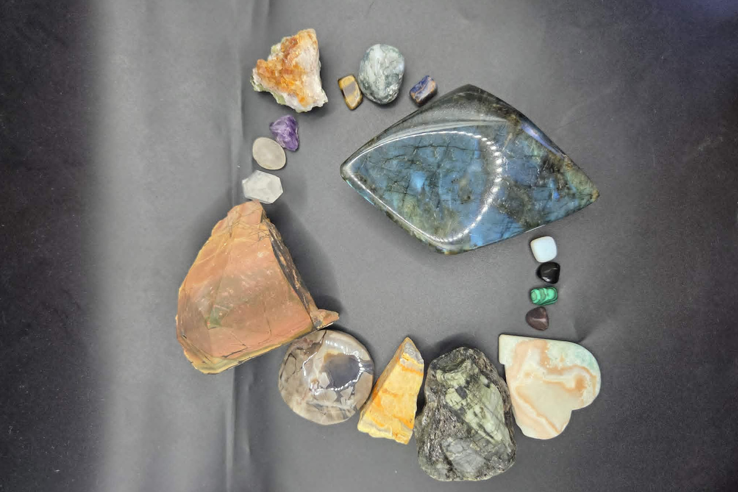 The Rock and Crystal Secrets specimens arranged in a circle